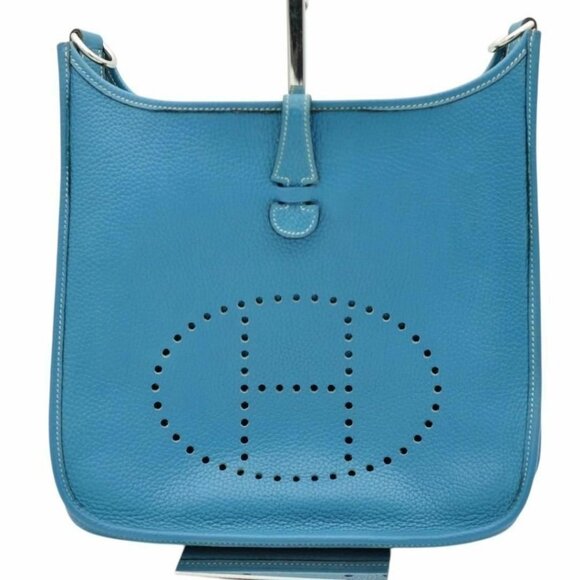 Authentic HERMES Evelyn PM I Clemence Epsom Leather Blue Jean Shoulder Bag Tote - Picture 1 of 9